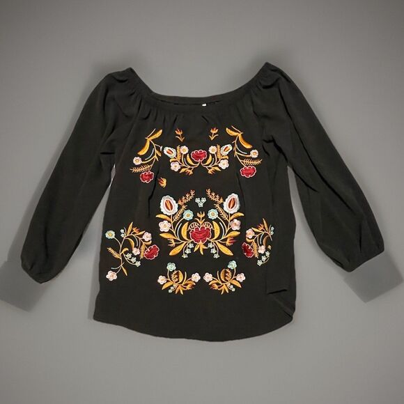 Unbranded Blk W/ Embroidery Pullover Cotton Blend Peasant Blouse Sz L-XL - Picture 2 of 11